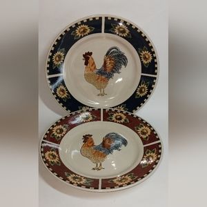 2 Gibson Brewster Rooster Dinner Plates Red Band & Sun Flowers 9.25"
